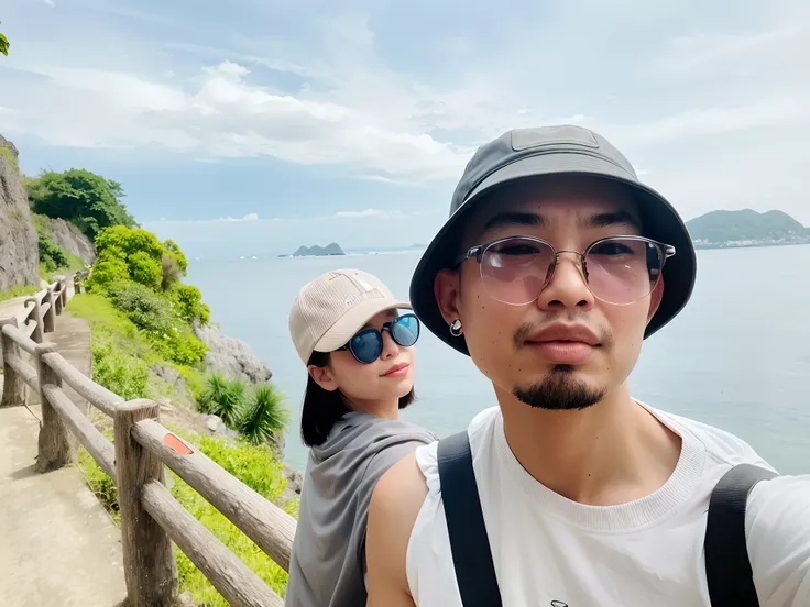 there is a man and woman standing on a path by the water, vacation photo, the ocean in the background, ocean in the background, with mountains in the background, ruan jia and brom, Chiba Yuda, like jiufen, taken on iphone 14 pro, 🤬 🤮 💕 🎀