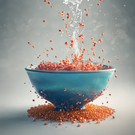 A bowl with water，There are soybeans falling,Make splashes on the water，style of photography