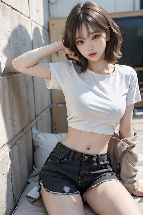 Top image quality、RAW photography、超A high resolution、Cute girl at 18 years old、Limited to one person、Round chest、T-shirt、Black  shorts、Beautiful Eyes of Details、Very slender eyes、Beautiful eyelashes、beautiful double eyelid、White walls、Beautiful waist、Very ...