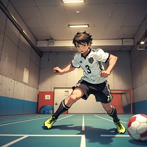 A boy playing football，soccer court，youthfulness，vibrancy