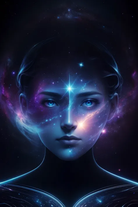 face composed of galaxies, stars, and cosmic dust, floating in an interstellar void, Cosmic, celestial, intergalactic, surreal, mesmerizing, enigmatic, High-resolution digital art, cosmic color palette, intricate celestial details