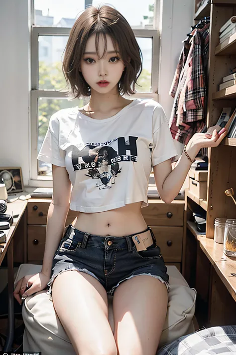 Top image quality、RAW photography、超A high resolution、Cute girl at 18 years old、Limited to one person、Round chest、T-shirt、Black  shorts、Beautiful Eyes of Details、Very slender eyes、Beautiful eyelashes、beautiful double eyelid、White walls、Beautiful waist、Very ...