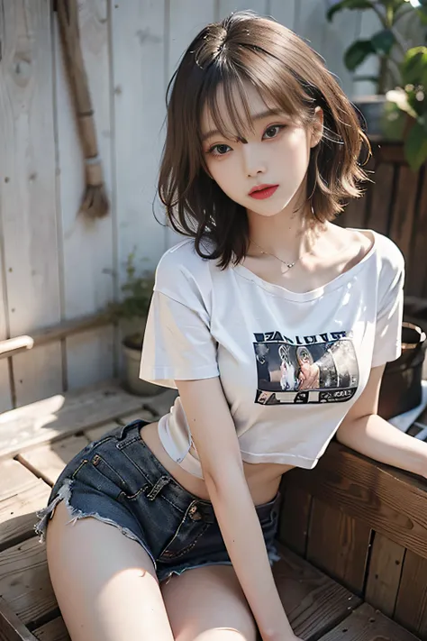 Top image quality、RAW photography、超A high resolution、Cute girl at 18 years old、Limited to one person、Round chest、T-shirt、Black  shorts、Beautiful Eyes of Details、Very slender eyes、Beautiful eyelashes、beautiful double eyelid、White walls、Beautiful waist、Very ...