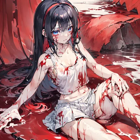 Anime teen girl, ((((alone)))), dirty and muddy (((((White short ripped tank top all the way down covering the legs and thighs))))), blue hand and thigh accessories, (((black hair))), hair accessories, ((blue eyes)), gold ear decorations, nose, nervous, pa...