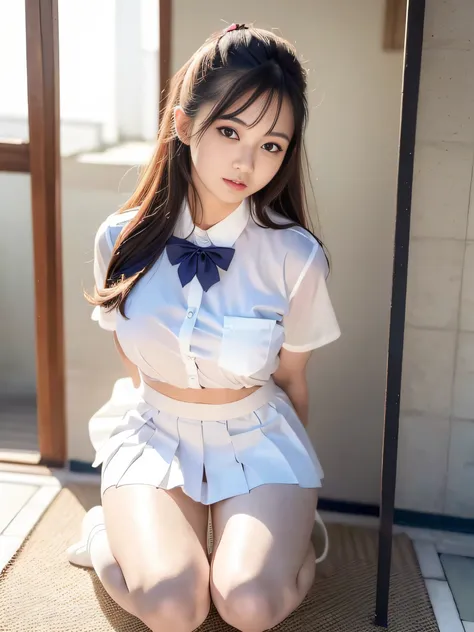 woman in uniform kneels, realistic young gravure idol, young pretty gravure idol, young gravure idol, young sensual gravure idol...