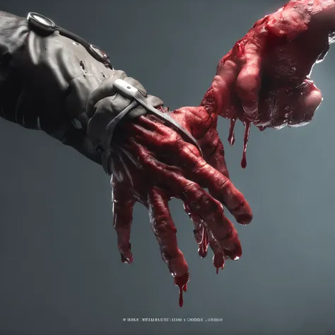 /imagine prompt: unreal engine, asian, close up, Zombie hand, zombie arm, holding a blood bag, holding a blood bag