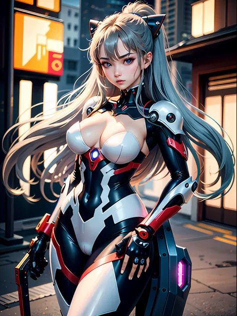 ​masterpiece:1.2、realisitic、top-quality、Beautuful Women、独奏。full bodyesbian、Long silver hair、long fluttering hair、strong breeze、redeyes、radiant eyes、Evangelion Girl、Medium、The face and chest are alive、Cleavage is visible。photoRealstic、portfolio、Evangelion-s...