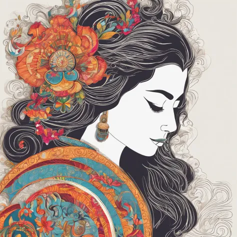 (White background:1.4),(Silhouette of a girls head, Eyes closed, colorfull long hair, Oriental elements)，(Chinese illustration:1.3，paper art:1.3, Quilted paper art:1.2),( reasonable design, Clear lines, High sharpness,Best quality, Very detailed, Masterpie...