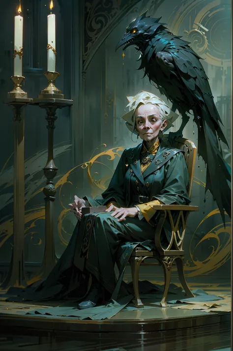 a 100-year-old witch sits in a kadilau chair in the background，she was holding a soniste crow ，gloomy castle，solid color backdro...