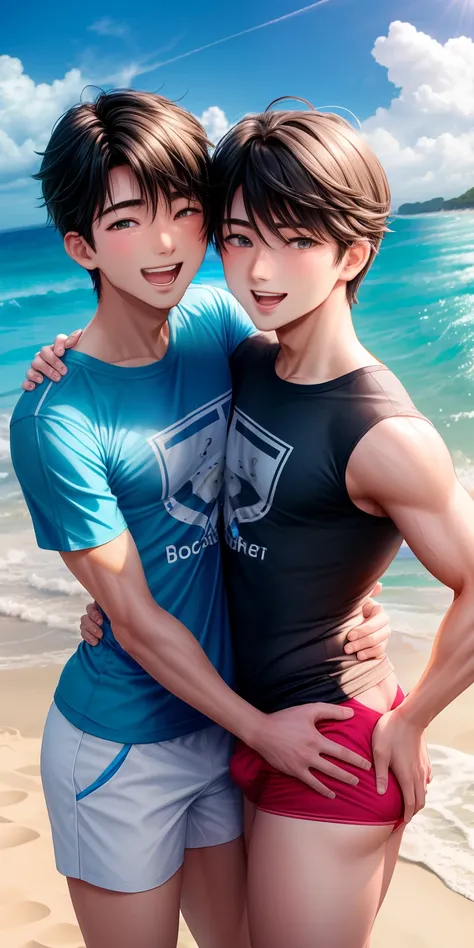 realisticlying，Two 18-year-old boys.Buttock emphasis、Crotch close contact，selfee、Sea bread，T-shirt wearing、the beach，selfee，Face Real，Face Zoom