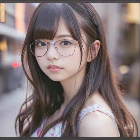 女の子1人、on tokyo street、A city scape、The upper part of the body、a closeup、A smile、Round frame glasses、Pink glasses frame、Round frame glasses、(8K、Raw photography、top-quality、​masterpiece:1.2)、(realisitic、photoRealstic:1.37)、Highly detailed eyelash drawing、(((...