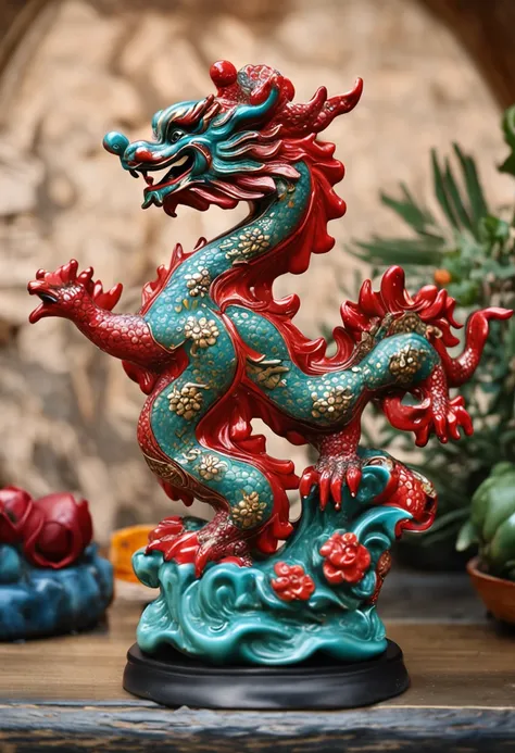 Elaborate design of playful Chinese dragon ceramic statue，vivd colour，Glossy finish，Dynamic pose，Handmade，The attention to detail，mythological creatures，Auspicious symbolism，Cultural heritage，Striking center ornament，Ideal for collectors