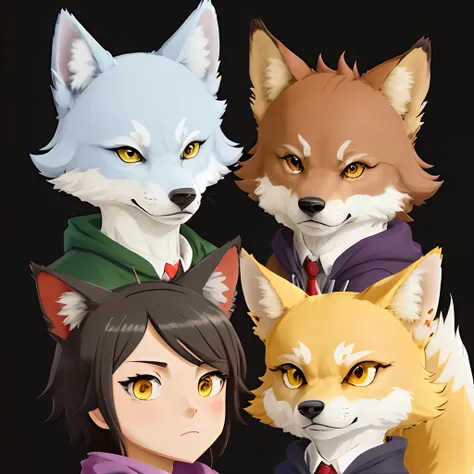 Anime characters with different eye and hair colors are looking at things, discord pfp, he has yellow wolf eyes, trigger anime artstyle, koda kazuma, digital art from danganronpa, High-quality fanart, legoshi from beastars, flat anime style shading, anthro...