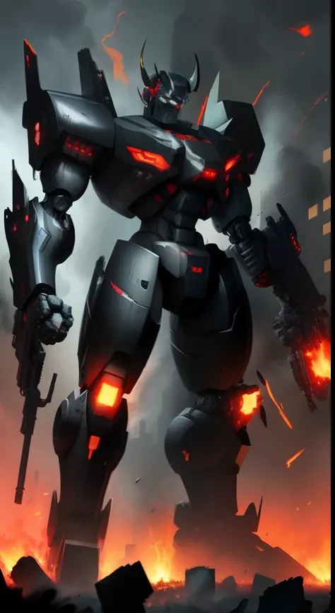 Devil robot with black suit and huge futuristic guns, scars on the face, battle robot, masculine, villain face, destroyed city, fire, extreme wide shot, full body, guns, big guns