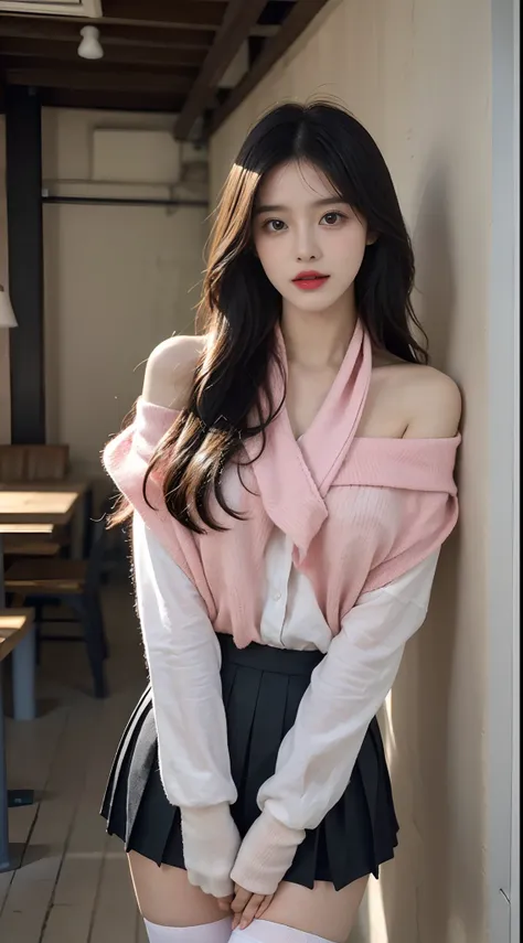 A perfect young female white-collar worker，Chinese big breasts，High picture quality，Works of masters，Black hair，Long hair shawl，Long hair flowing over the shoulders，Beach wave hairstyle，cropped shoulders，鎖骨，exquisite face，Hydrated red lips，（（Wear colorful ...