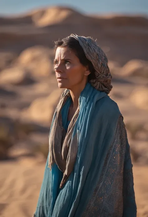 A Scandinavian woman is wearing blue scarf in thedesert, detailed facial features, firminbaes, war photography, intense gaze,portrait photography, backgroundblur,captured by Sony Alpha a7 Illcamera with Sony FE 24-105mm f/4 G OSS lens*