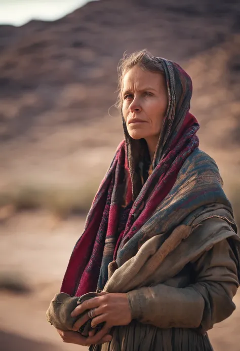 A Scandinavian woman is wearing blue scarf in thedesert, detailed facial features, firminbaes, war photography, intense gaze,portrait photography, backgroundblur,captured by Sony Alpha a7 Illcamera with Sony FE 24-105mm f/4 G OSS lens*