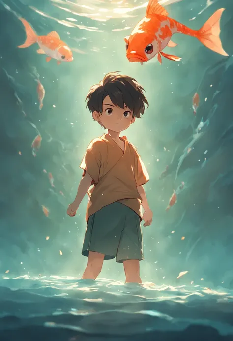 Cinematic quality，style of disney animation，The little boy holds a koi in his arms，Swim in the sea，short detailed hair，The barefoot，depth of fields，high light，Real light，Ray traching，oc rendered，Ultra photo realsisim，best qualtiy，8K，Master the technique，De...