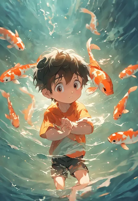 Cinematic quality，style of disney animation，The little boy holds a koi in his arms，Swim in the sea，short detailed hair，The barefoot，depth of fields，high light，Real light，Ray traching，oc rendered，Ultra photo realsisim，best qualtiy，8K，Master the technique，De...