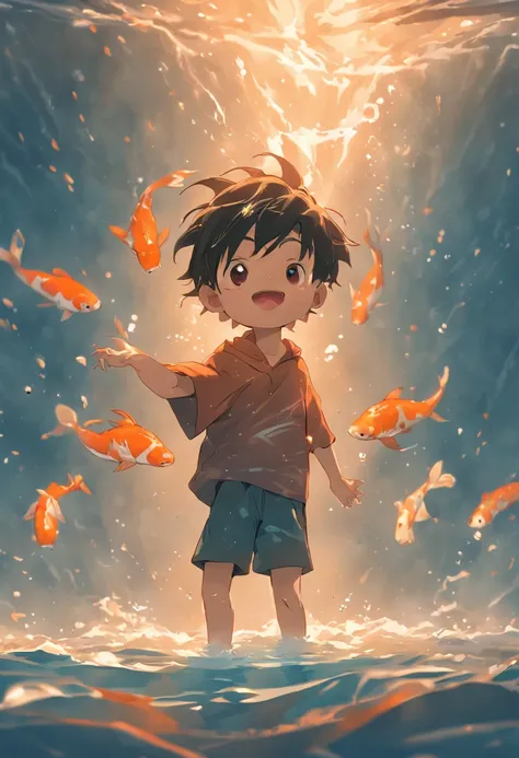 Cinematic quality，style of disney animation，The little boy holds a koi in his arms，Swim in the sea，short detailed hair，The barefoot，depth of fields，high light，Real light，Ray traching，oc rendered，Ultra photo realsisim，best qualtiy，8K，Master the technique，De...