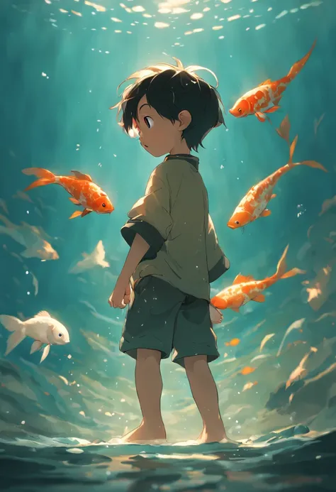 Cinematic quality，style of disney animation，The little boy holds a koi in his arms，Swim in the sea，short detailed hair，The barefoot，depth of fields，high light，Real light，Ray traching，oc rendered，Ultra photo realsisim，best qualtiy，8K，Master the technique，De...