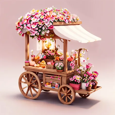 There was a small wooden cart，It is covered with flowers，4K polymer clay food photography，Cute 3d render，Stylized 3D illustration by Lee Jeon-seok。