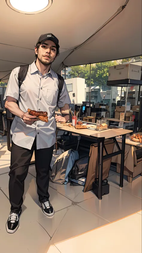 A man in black short sleeves, sitting on sofa with office in the background, eating sausage, 4K, high resolution