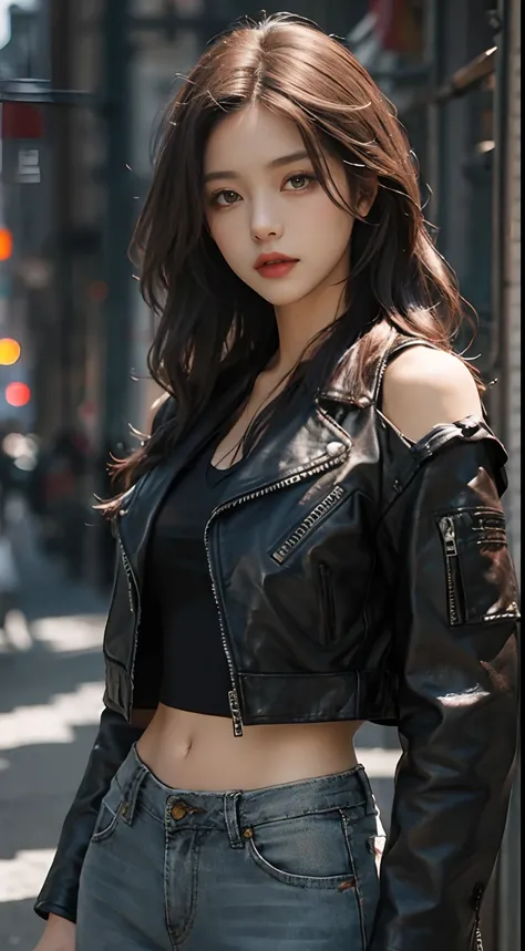 Extra-long hair，cropped shoulders， Long burgundy hair，Black CE leather jacket，punky style，full bodyesbian