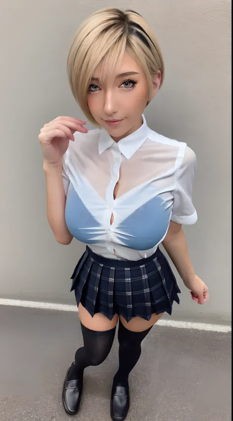 (8K, 超A high resolution, Best Quality, masutepiece:1.2),(18year old:1.2)、(Look away)、8K、RAW portrait of japanese girl、Photorealsitic、超A high resolution、top-quality、 (huge-breasted、Close all buttons on the shirt:1.4)(student clothes、Pure White Cutter Shirt、...