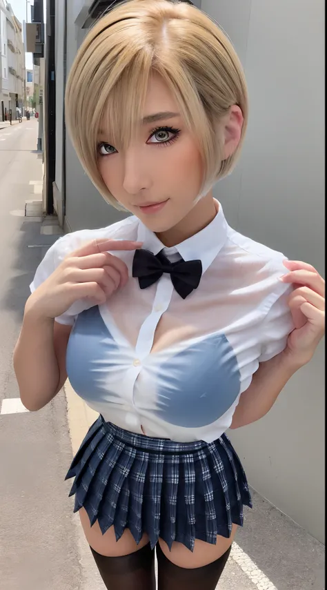 (8K, 超A high resolution, Best Quality, masutepiece:1.2),(18year old:1.2)、(Look away)、8K、RAW portrait of japanese girl、Photorealsitic、超A high resolution、top-quality、 (huge-breasted、Close all buttons on the shirt:1.4)(student clothes、Pure White Cutter Shirt、...