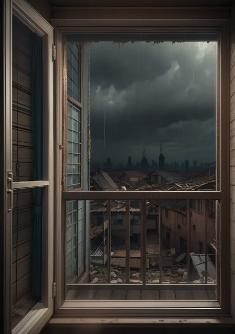 Interior window balcony，Interior front single window balcony，View of the balcony from inside the safe house，Outside the balcony is the apocalyptic scene of torrential rain and dark clouds，Safe house balcony，Balcony shabby，Realistic scenes，ultraclear，Lots o...