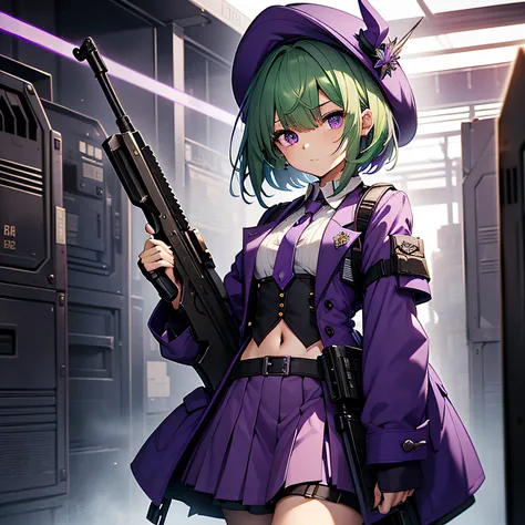 top-quality、extremely delicate and beautiful、(A teenage girl)、Purple Eye、Green hair、short-haired、(Purple pointy hat)、Purple tie、Soio、shortsleeves、Purple skirt、Navel,Tactical Vest、shortsleeves、Purple skirt、((Holding a submachine gun in both hands))、Midnight...