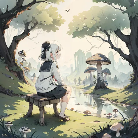 Explore the kingdom of psychedelic and fantasy mushrooms，Huge mushrooms，Watercolor illustration, Perfect anatomy, Masterpiece, Best quality, 1girll, Loli,elementary student， Solo, (with short white hair:1.2),Nature, landscape，tiny feet, Sit on grass，Back a...