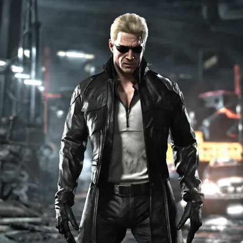 《Resident Evil 5》Albert Wesker, 48yo, Tall, hunk, lean muscles, Square faces, Wears small black tones, Sparse dirty blonde hair, Smooth back hairstyle, tidy hair, Cold face expression, audience looking, long coat of black color, Black zipper clothes, Red e...