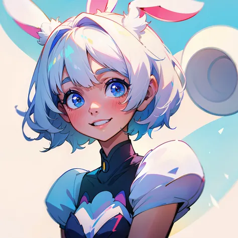 A girl with short white hair，with bunny ears，ssmile