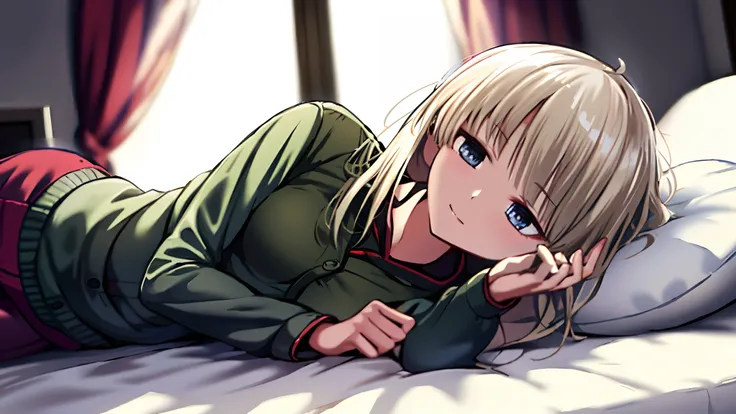 4k, realistic, carismatic, very detail, there is a girl on bed, wearing pajama, she is sleepy, white theme, full body, pantyhose