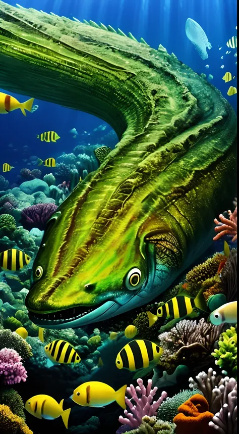 Under the shroud of nuclear pollution, the marine life worldwide began to mutate, turning into monstrous forms. The entire picture is covered with a fluorescent green tone, symbolizing nuclear radiation. The light shines down from the water surface, illumi...