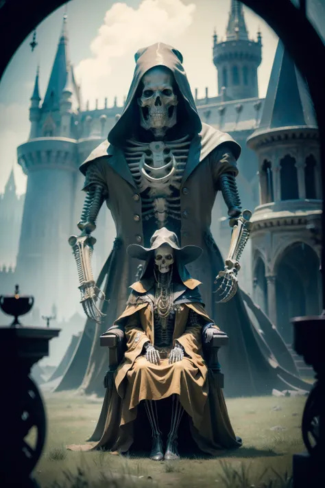 （Beautiful witch sitting in front of the skeleton of a super giant bear:1.4) ，gloomy castle，Spooky and terrifying，The skull is on the ground，depth of fields，high light，Real light，Ray traching，OC renderer，UE5 renderer，Hyper-realistic，best qualtiy，8K，Works o...