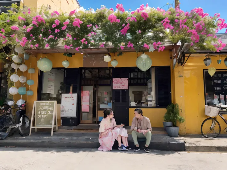 there are two people sitting on the curb of a building, in front of ramen shop, 🤬 🤮 💕 🎀, by Emma Andijewska, bao phan, in style of lam manh, quirky shops, by Juliette Wytsman, profile image, by Sam Dillemans, taken in 2 0 2 0, intense moment, by Kanbun Mas...