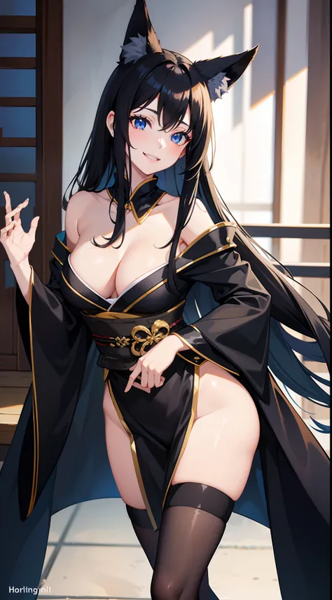 adult girl, Long black hair, Fox ears, blue eyes, black kimono, briefs, open breasts, Smile, tooth, Masterpiece, hiquality