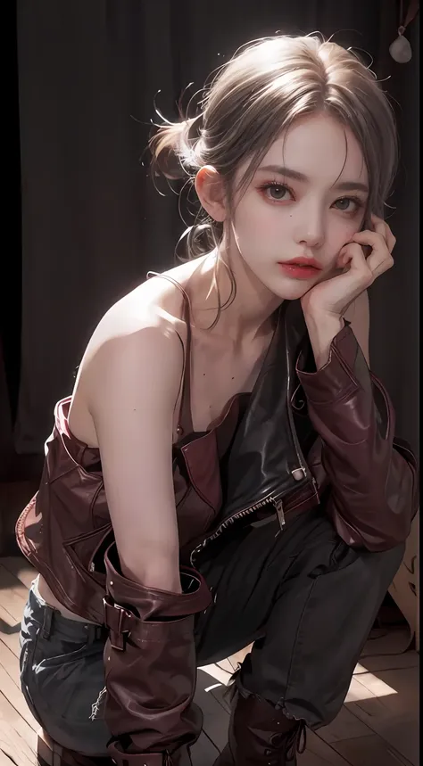 sexy beauty ，cool boots，gray hair，cropped shoulders， burgundy，ce leather jacket，highly detailedskin，realistic details of skin，vi...