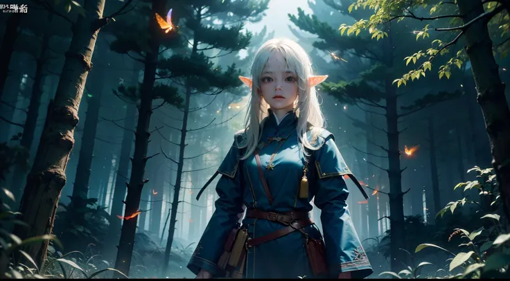 1girl, 独奏, official arts, Unity 8k壁纸, Ultra Detailed, beautiful and aesthetic, Masterpiece, Best Quality, Photorealistic, elf, glowworm, in the woods (Firefly:1.3), camp fire, dark theme