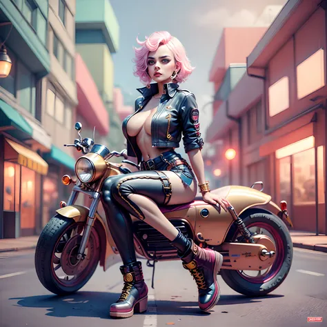 Theres a sexzy indian 1woman with a steam-powered dusky skin, with big boobs,Royal look, arte conceitual street punk, sexzy full body view top to bottom, sitting in Batpod,fog background,arte street punk digital, arte street punk urban city area, Wojtek FU...