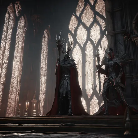 Two demons stood at the steps guarding the gates of Hell in a dark room, bloodborne style, demonic robes, screenshot from bloodborne, (octane render) fantasy style, bloodborne cathedral, stuning fantasy 3 d render, bloodborne concept art, unreal engine fan...