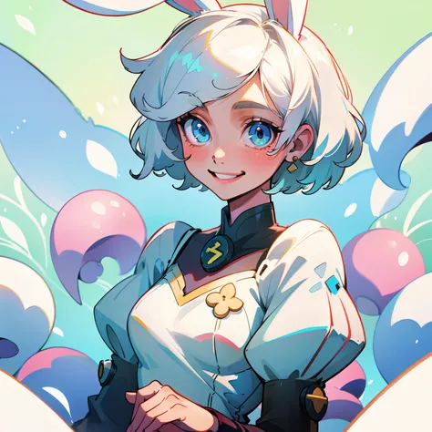 A girl with short white hair，with bunny ears，smile
Random seeds：2314689675