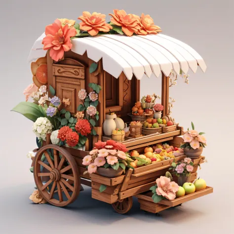 there was a small wooden cart，it has flowers and fruits, 3 d render stylized, stylized 3d render, cute 3 d render, stylized 3 d,...