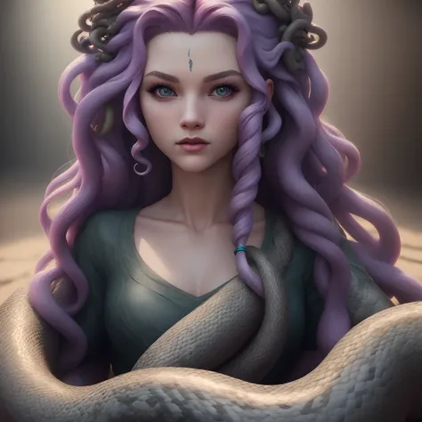 Beautiful Medusa from White Sesame Street, game design, Snake hair, A hyper-realistic, photorealestic, 8K, Octane Render, Cinematic lighting