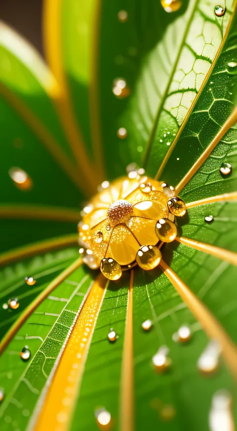 There is a yellow leaf, There are water droplets on it, sprinkles of rain, Water droplets, hd macro photographs, macro photography 8k, The drops, droplets, drippy, detailed droplets, beautiful macro close-up imagery, macro photography, beautiful macro phot...