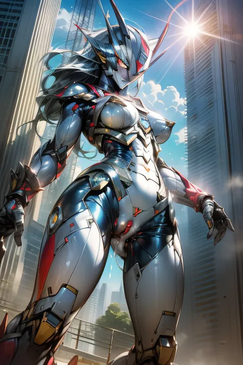 （masterpiece、8k、ultra-delicate、hight resolution），(((female ultraman)))，(((no muscles，large boob)))，(her head is tapering,the bod...