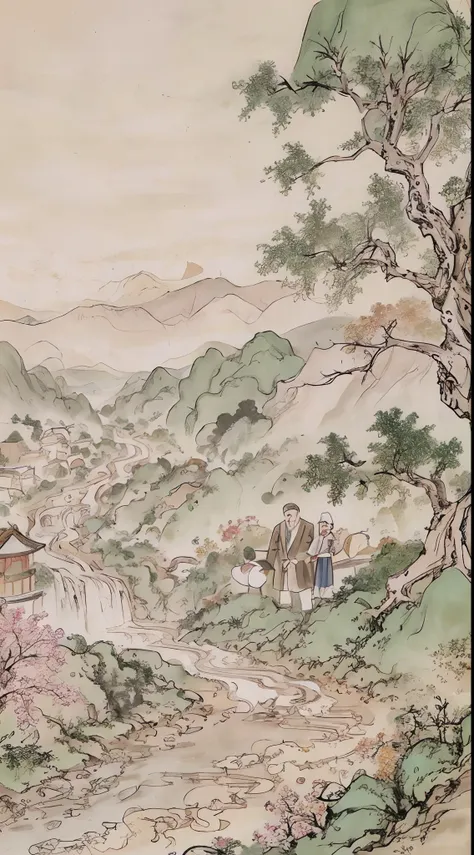 chinese paintings， mont， rochas， blossoms， grassy，small rivers， the trees，mountain in the distance，three people，two old men，a yo...